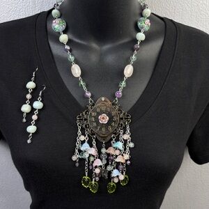 Handmade Necklace Earrings Set Butterfly Flowers Art Glass Quartz Beaded Pastel